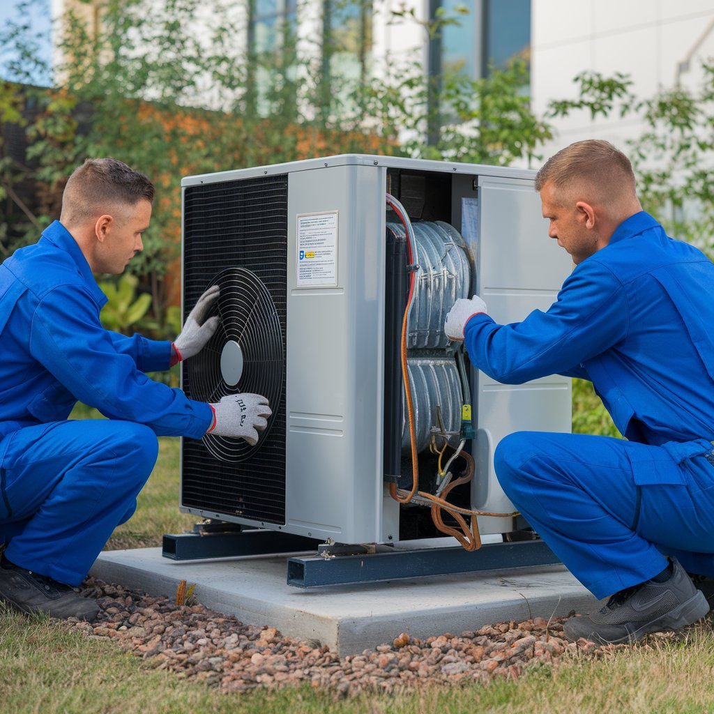 Men in overalls look at ac